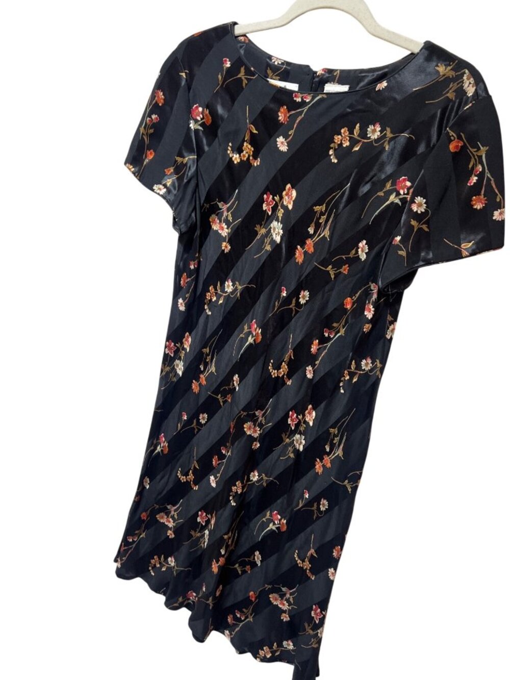 Liz Claiborne Black Floral Satin Stripe Short Sleeve Vintage Y2K Dress Size 10 B